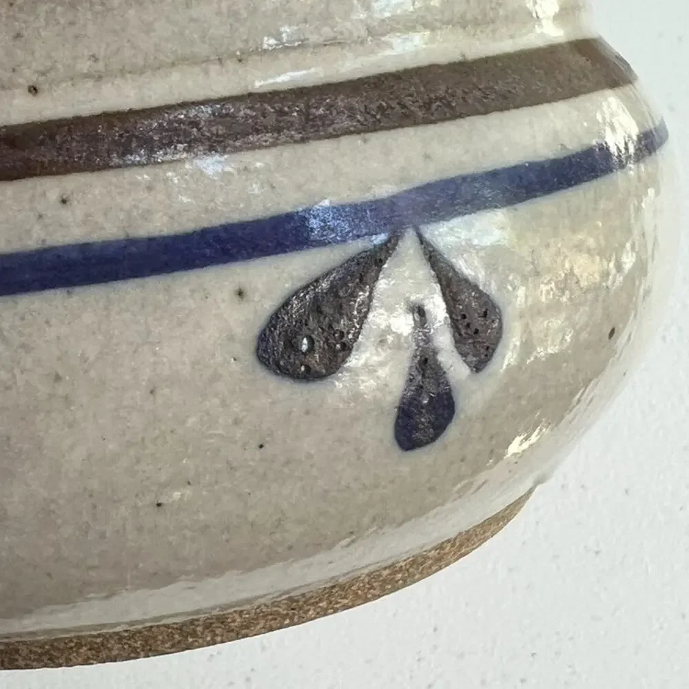 Studio Art Pottery Handmade Soup Bowl Handled Blue Striped Signed 5